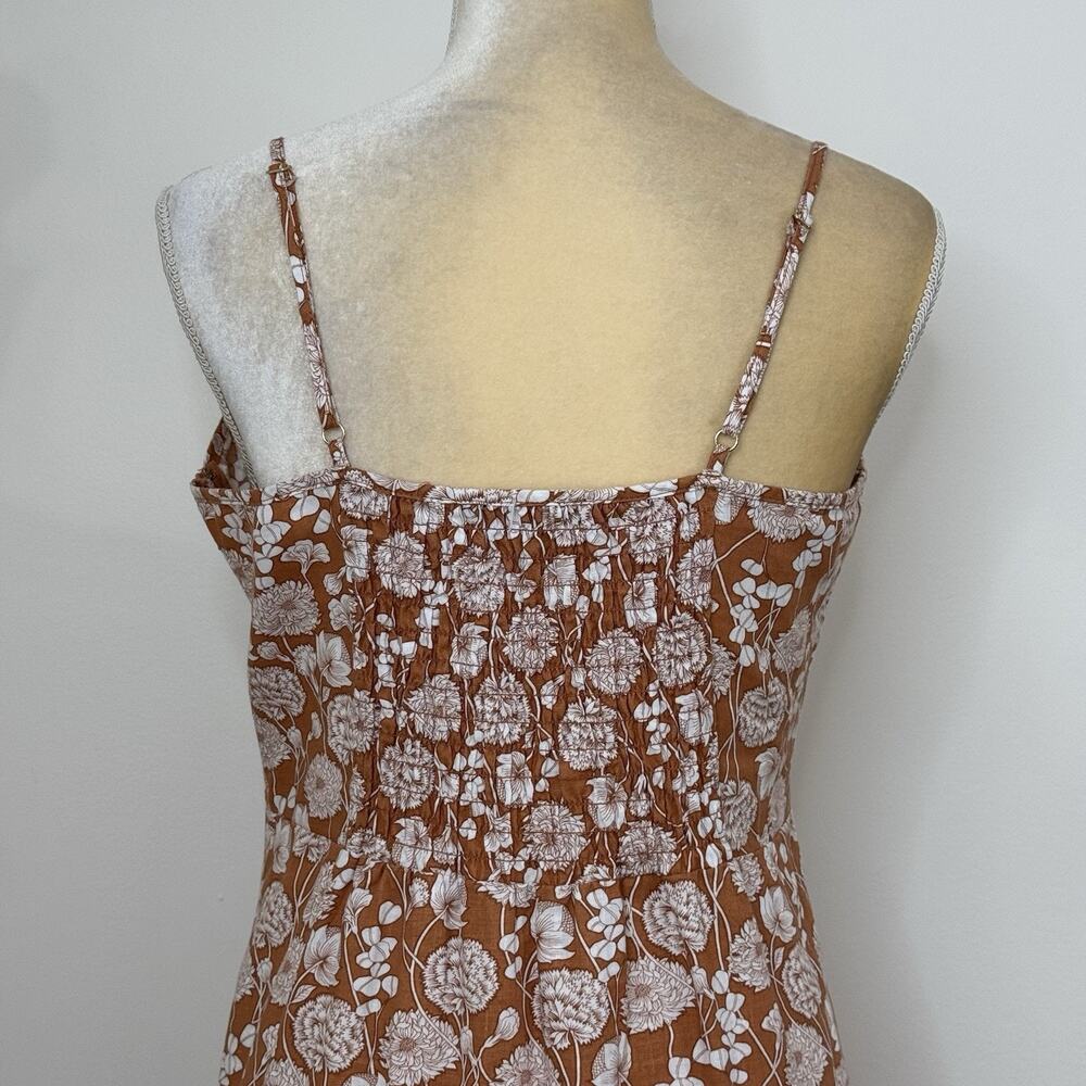 Saks Fifth Avenue Floral Ruffle Linen Blend Midi Dress Size L Brown White - Picture 9 of 12